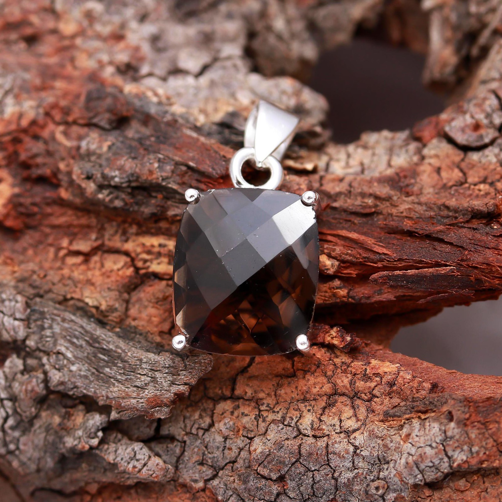 Smoky Quartz Cushion Pendant 925 Silver Mens Engagement Gift For Him