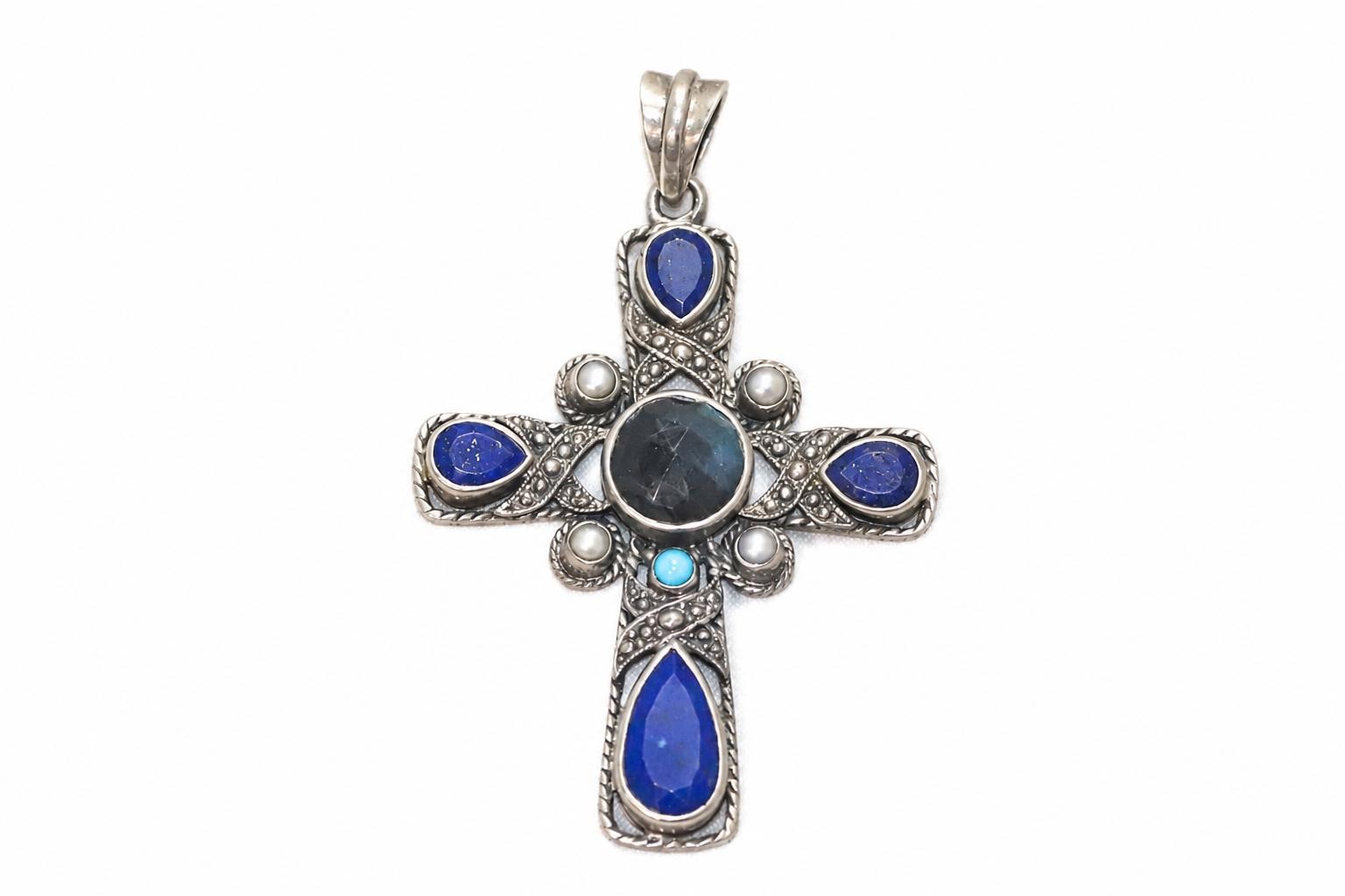 Nicky Butler 925 Sterling Silver Lapis Turquoise Labradorite Cross Pendant