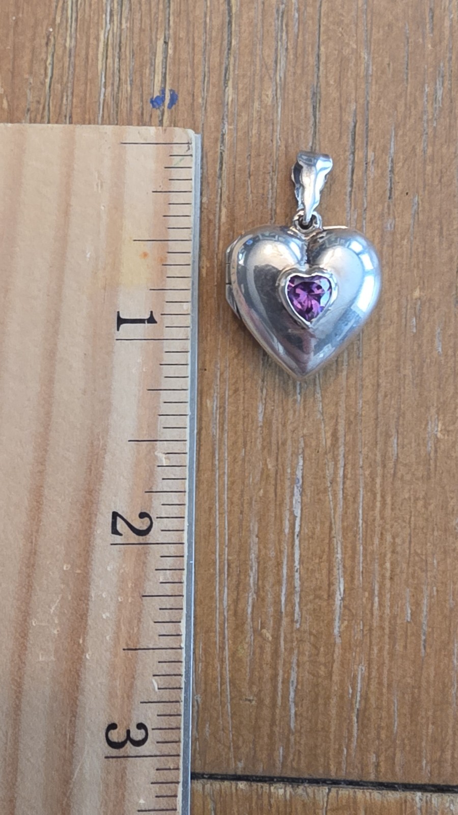 Sterling Silver .925 Puffy Heart Locket Pendant With Amethyst Stone