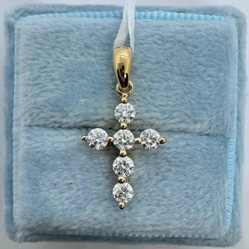 1Ct Round Cut Real Moissanite Cross Pendant 14K Yellow Gold Plated Silver
