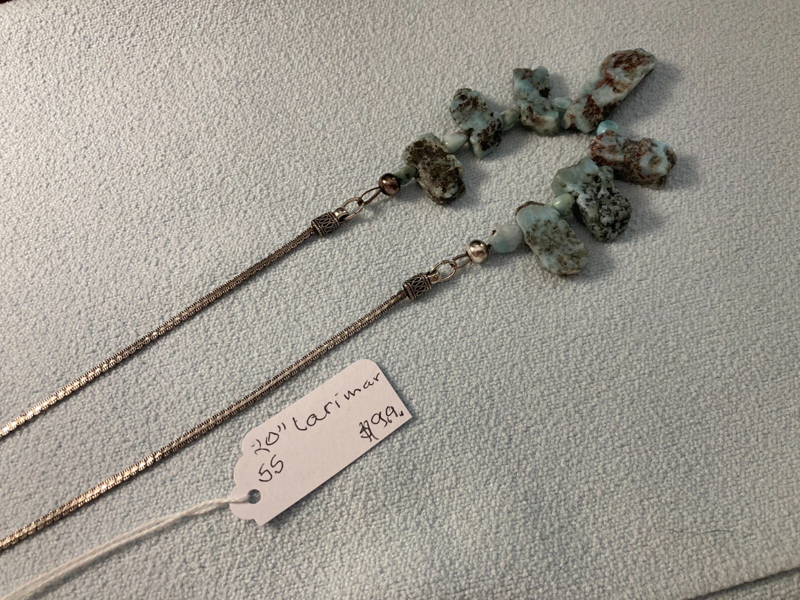 .925 Sterling Silver 20″ Rough Cut Nuggets Larimar Necklace Bali style chain