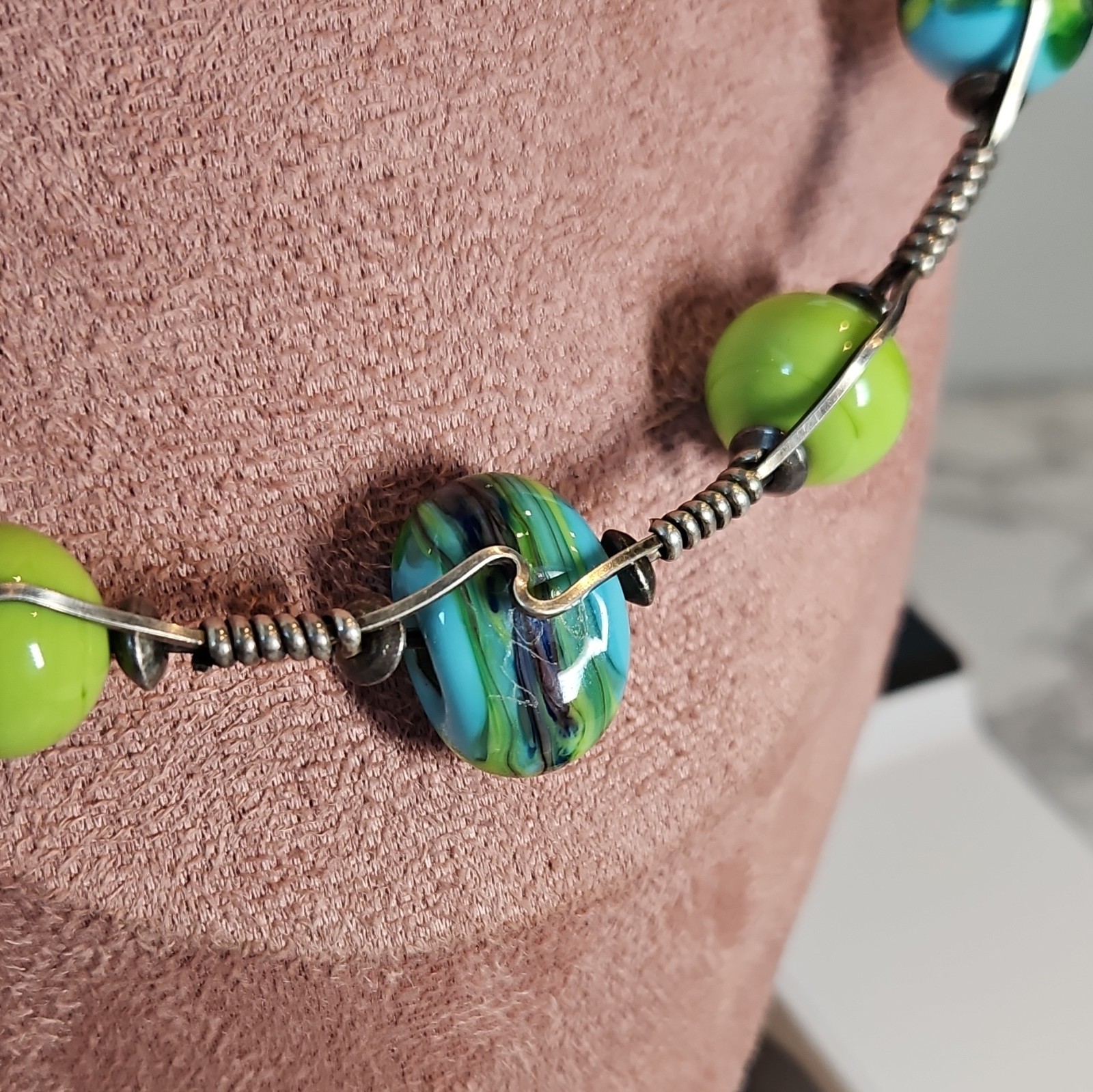 Sterling Silver 925 Beaded Choker Necklace Green Blue Glass Beads Artist Wrapped