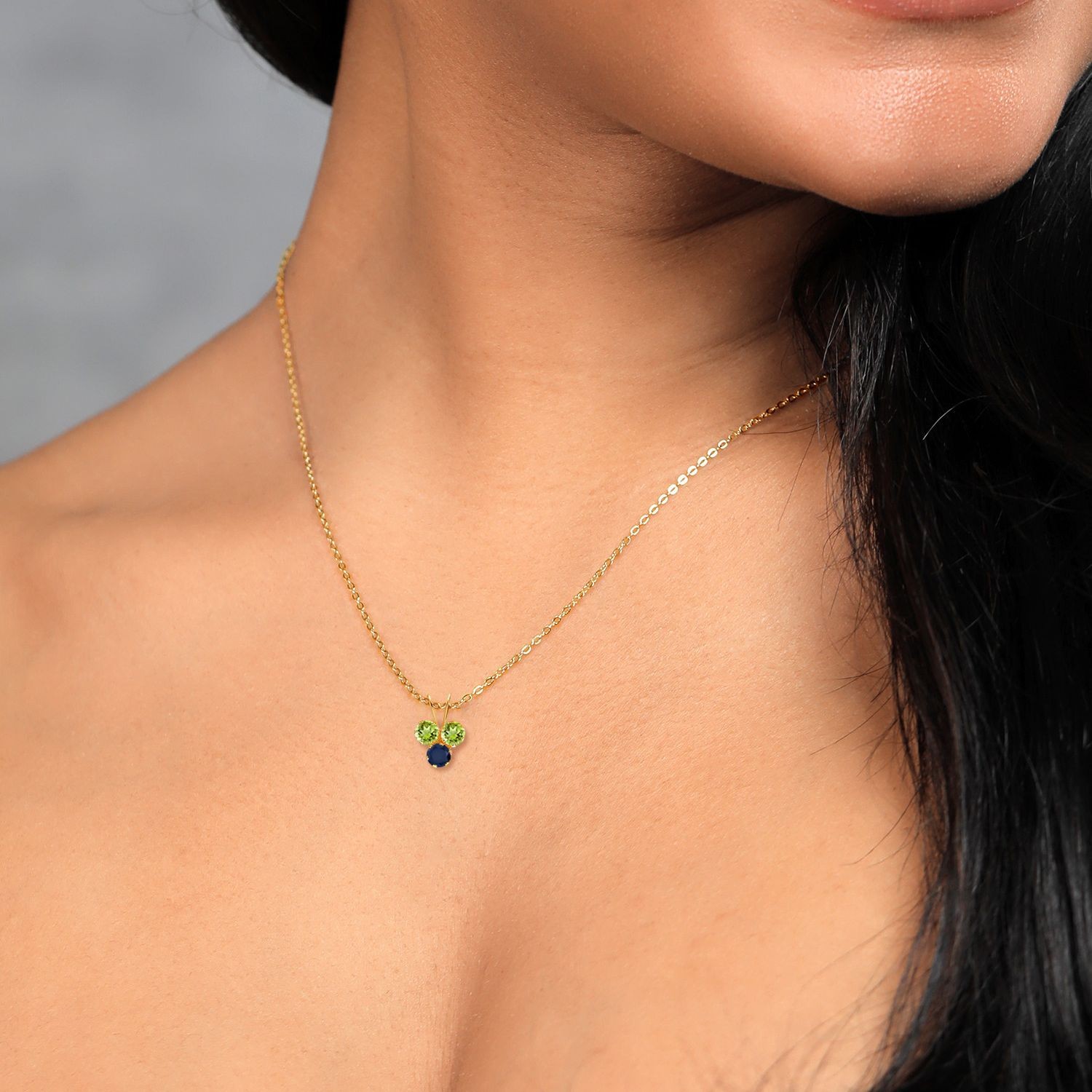 14K Yellow Gold Peridot and Sapphire 3-Stone Pendant Necklace For Women (0.39
