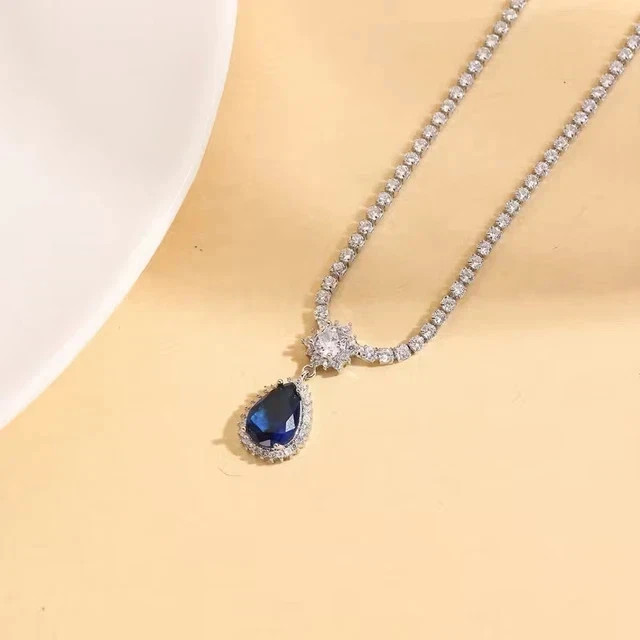 16Ct Pear Cut Lab-Created Blue Sapphire & Diamond Necklace 14K White Gold Plated