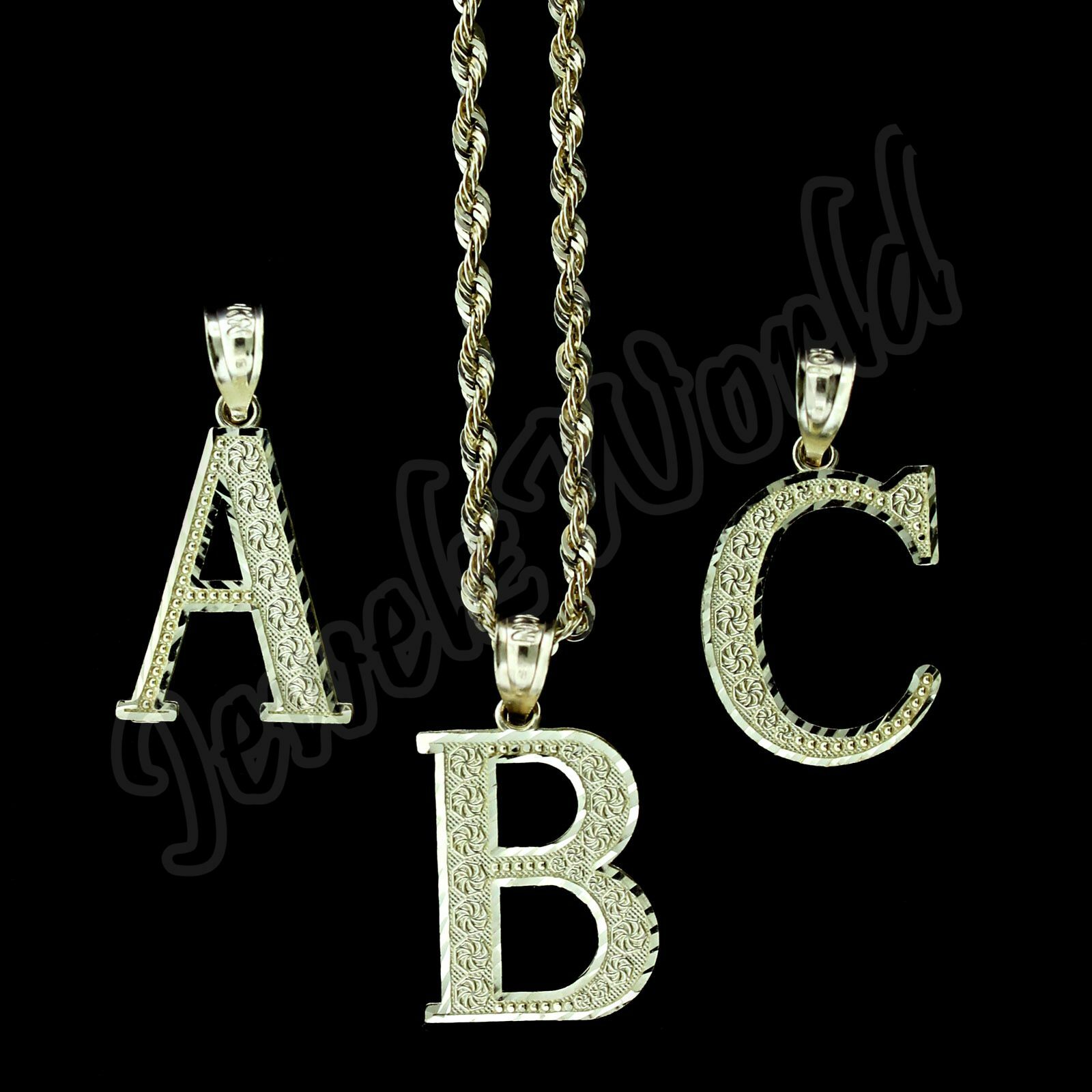 10K Yellow Gold Diamond Cut Initial Letter Charm Pendant A-Z Alphabet Rope Chain