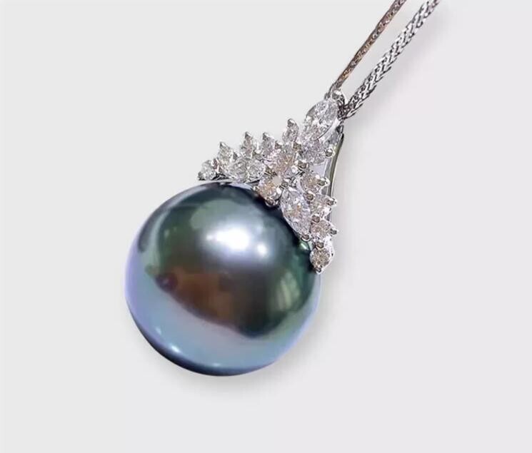Gorgeous AAAAA 12-13mm south sea Black Round pearl pendant necklace 18 inch 925s