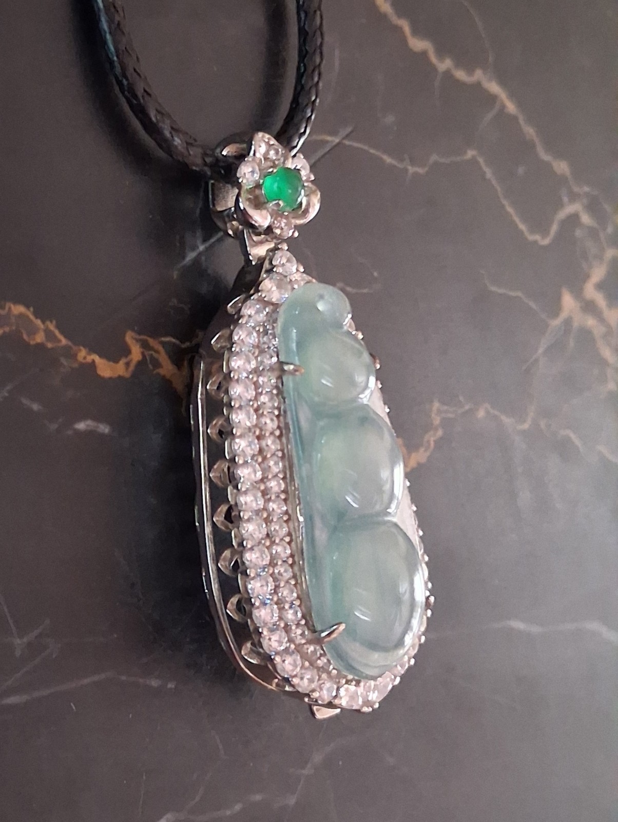 Natural Jadeite Teardrop Pendant Necklace 925 Sterling Silver Black Cord Signed