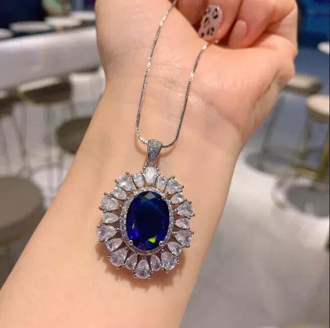 3.50Ct Oval&Pear Cut Blue Sapphire Halo Pendant 18″ Free Chain 14K White Gold FN