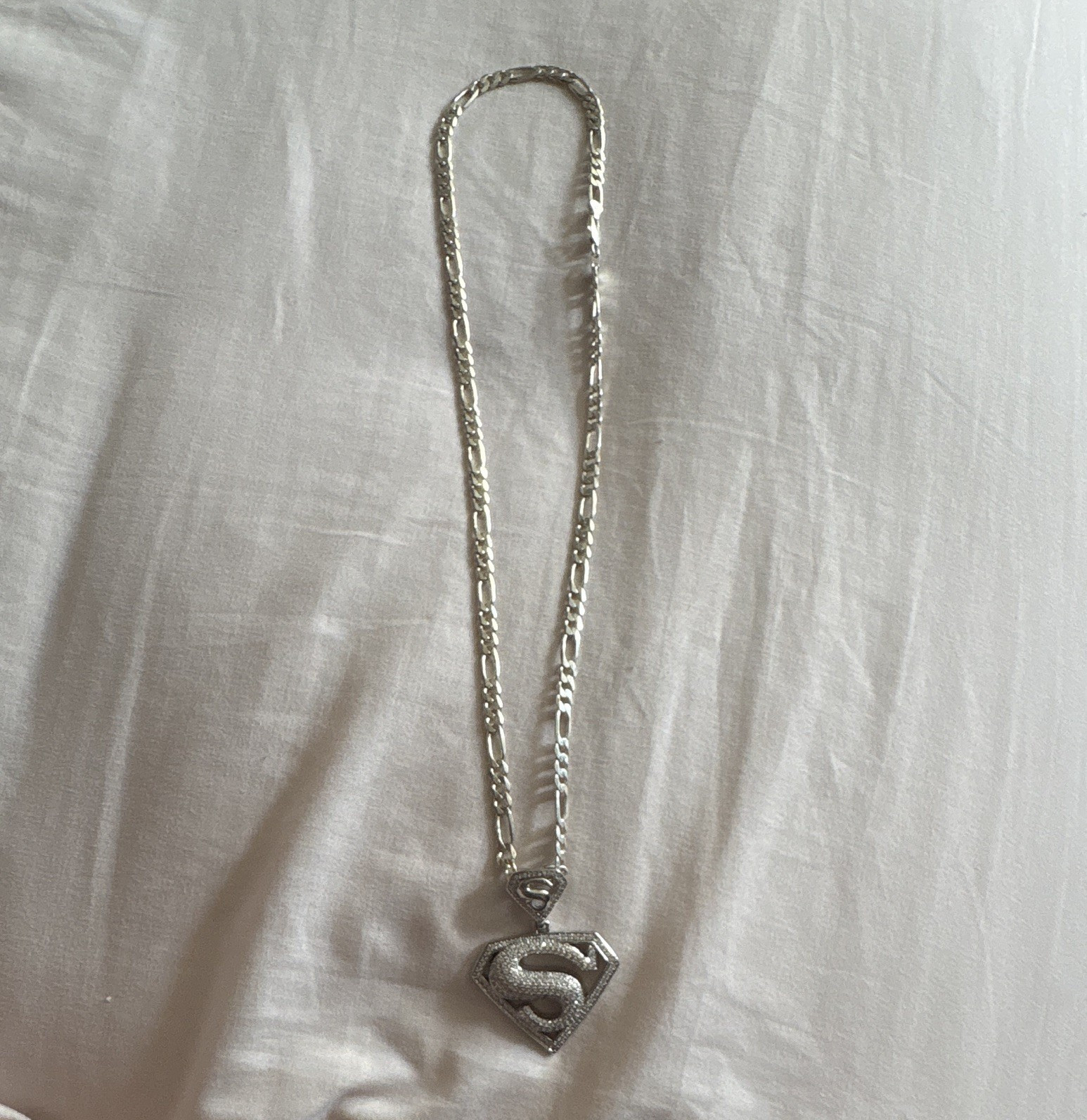 925 Sterling Silver Moissanite ￼Superman S Shield Pendant/Figaro Chain Necklace