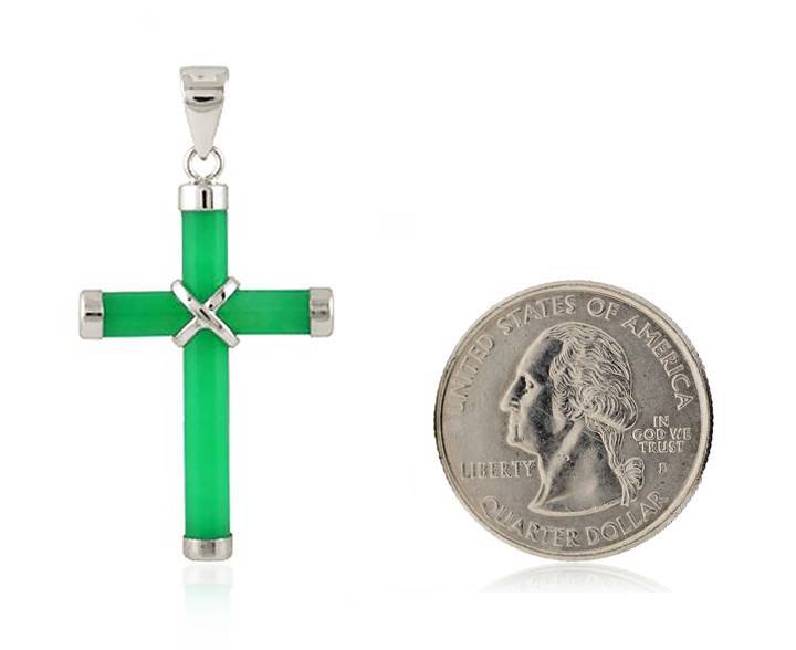 Sterling Silver Green Jade Cross Pendant .925 18 Inch Chain 1 1/2″ Drop