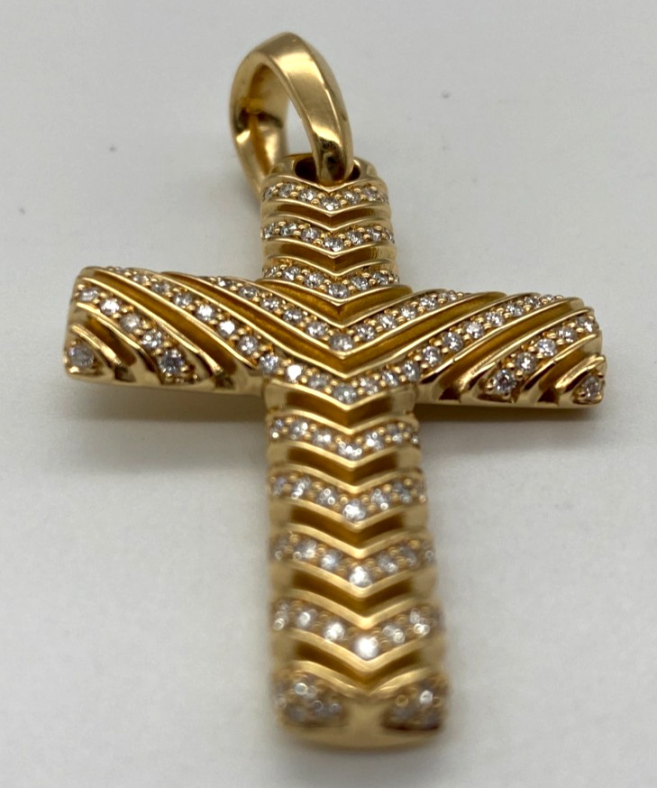 David Yurman 18K Yellow Gold Chevron Cross Enhancer Diamonds Pendant 36 x 27mm