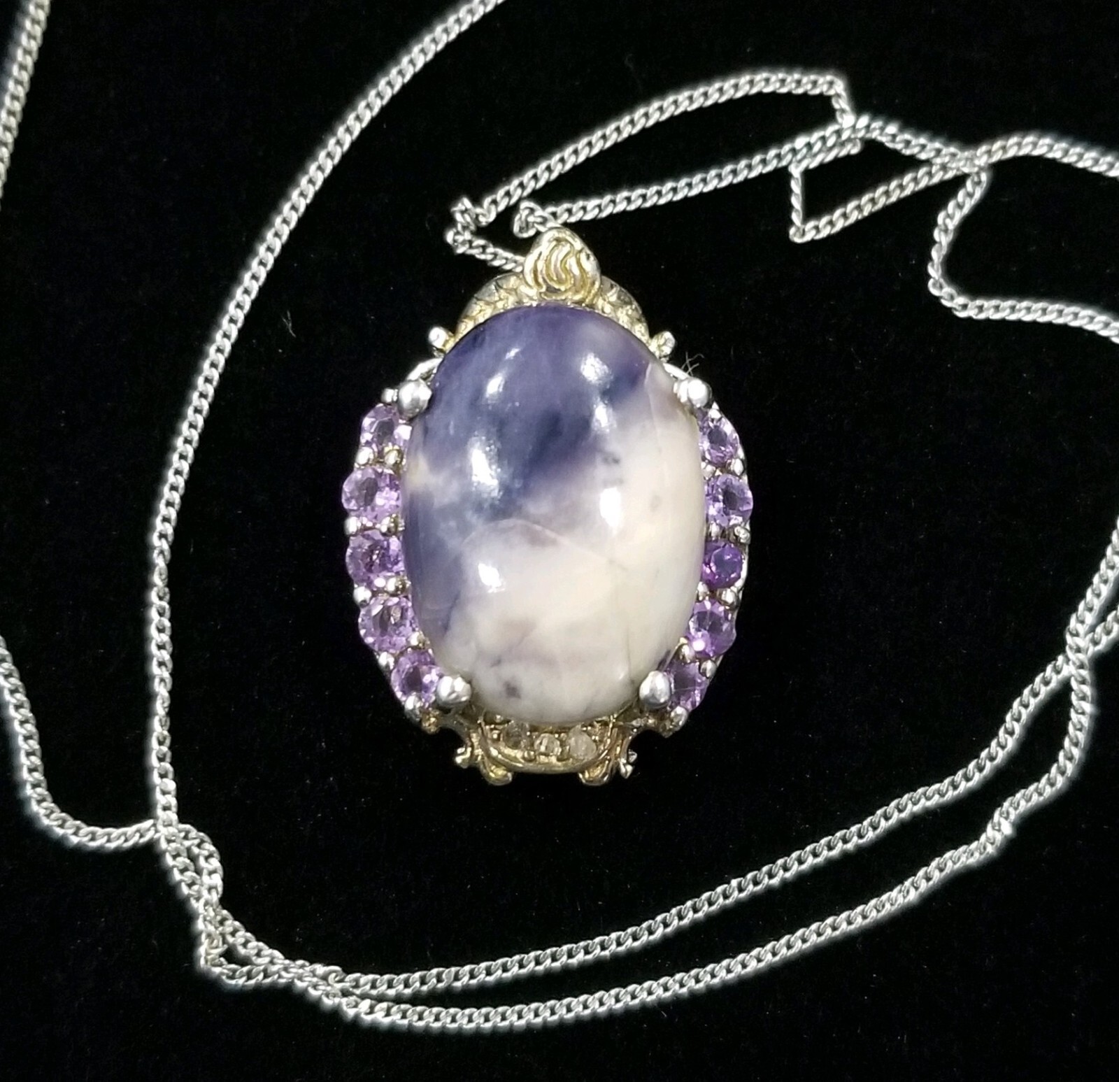 STS Sterling Silver Multiple Amethyst & Gemstone Pendant Necklace 925 10 Inches
