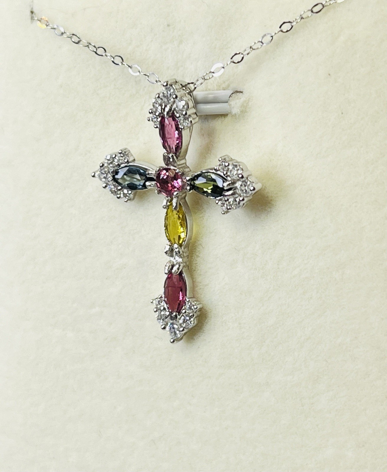 925 Sterling Silver Tourmaline Pink Green Blue Yellow Cross Pendant Necklace