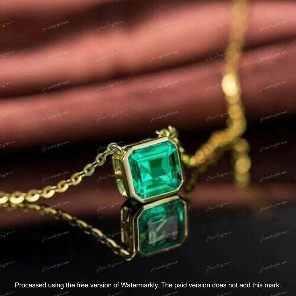 Asscher Cut Lab Created Green Emerald Pendant Necklace In 14K Yellow Gold Plated