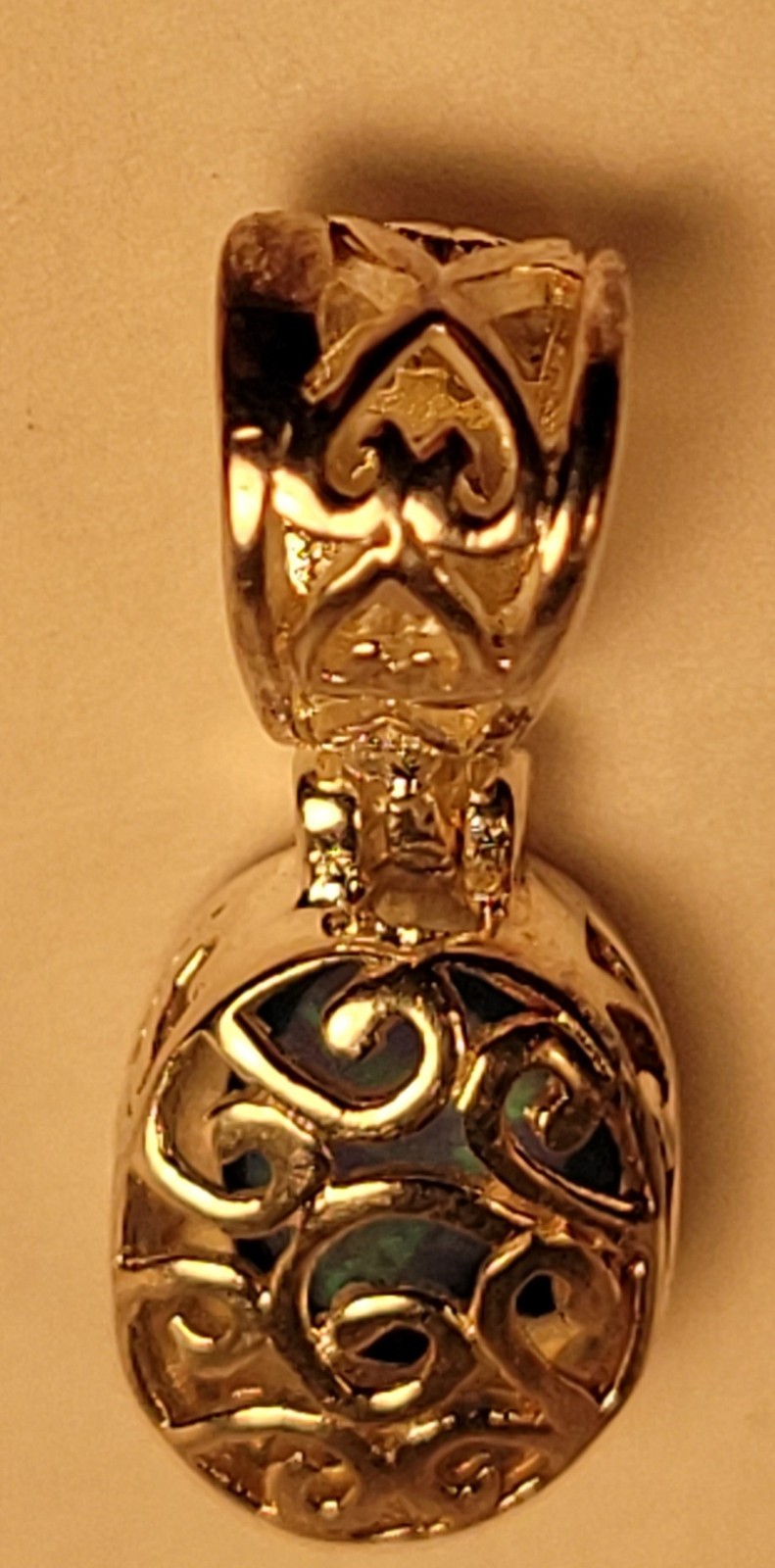 Sterling Silver 925 Filigree Pendant blue green oval charm beautiful hearts