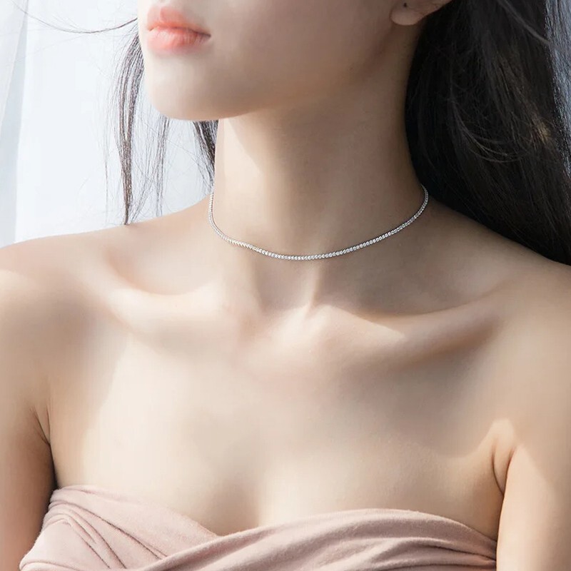 2mm Round Cut Moissanite Women Tennis Necklace Choker 18K White Gold Plated GRA
