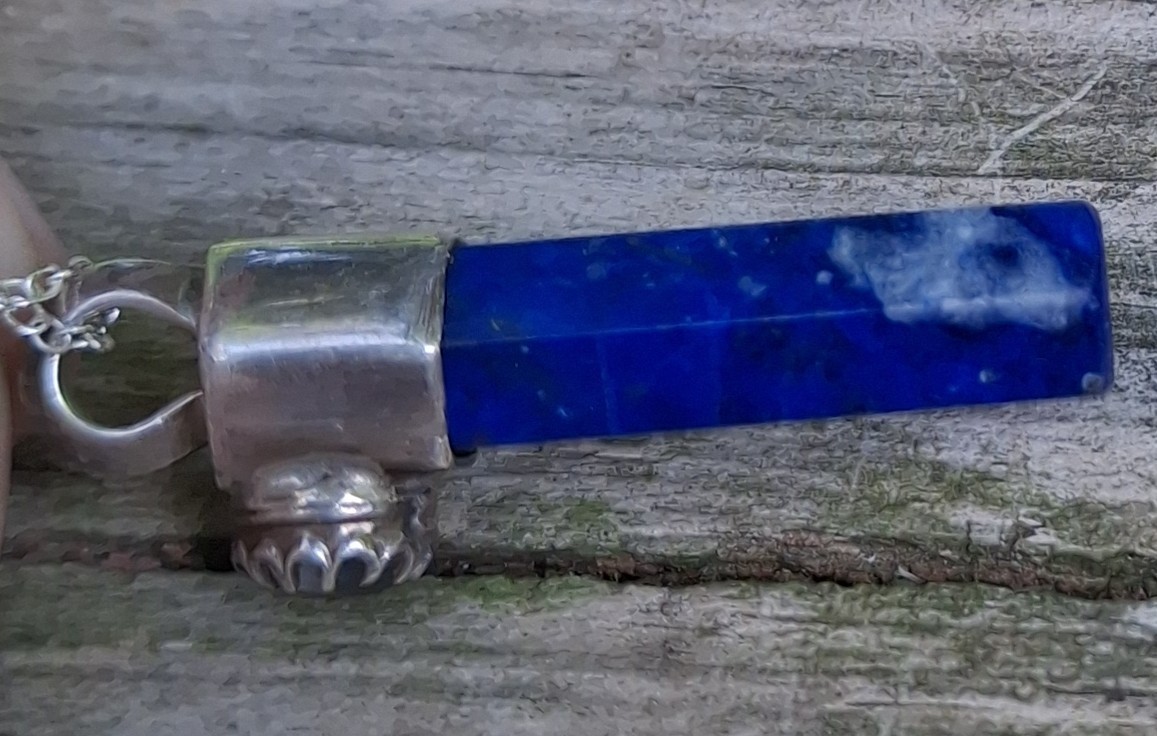 Vintage Sterling Silver Deep Blue Lapis Lazuli Point Moonstone Pendant Necklace
