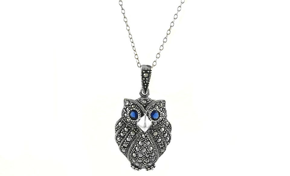 925 Sterling Silver Genuine Marcasite Black Owl Pendant Necklace – 18″