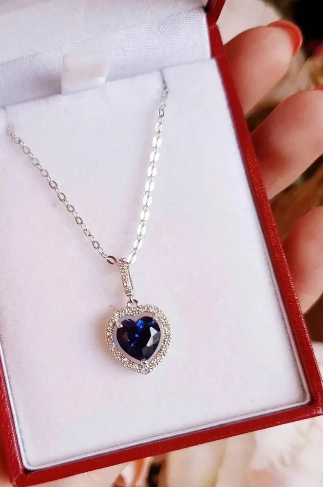 3ct Natural Sapphire Diamond Pendant 14k Solid White Gold NO CHAIN