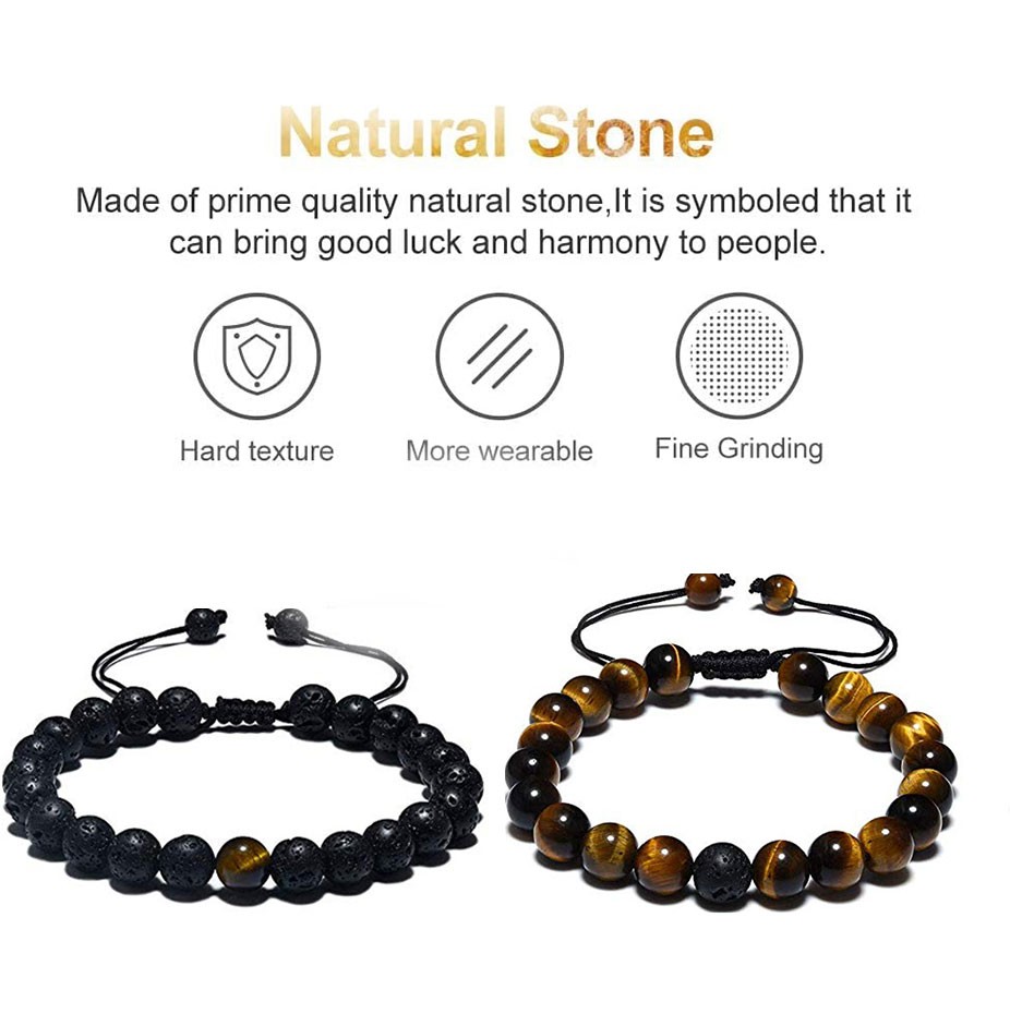 2PCS 8mm Triple Bracelets Adjustable Natural Tiger Eye Lava Rock Beaded Bracelet