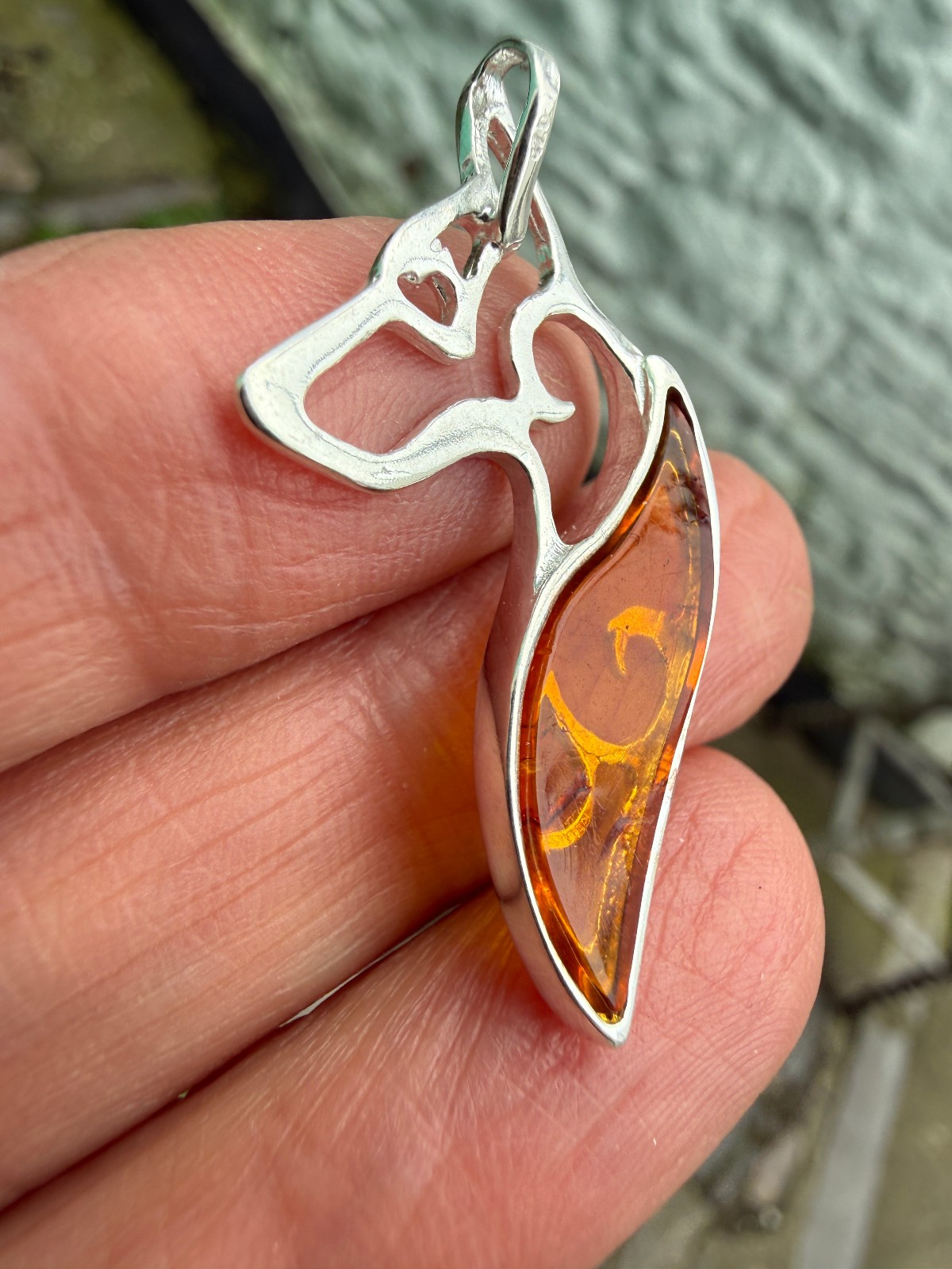 German Shepherd Dog Amber Pendant Crystal Fossil 925 Silver Lithuanian genuine