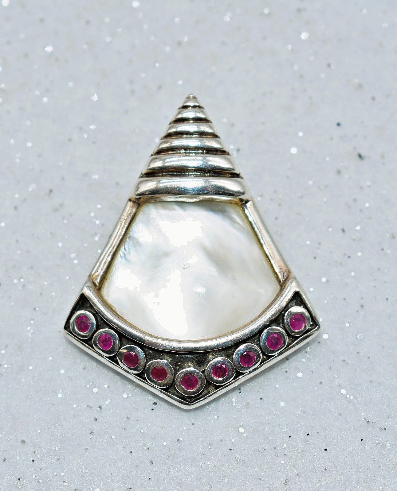 Mother of Pearl & Rubies Sterling Silver Thailand Pendant 1-1/2 inch