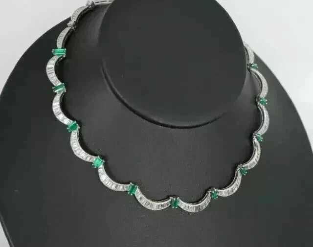 17CT Lab Created Emerald /Moissanite Women Tennis Necklace 14K White Gold Plated