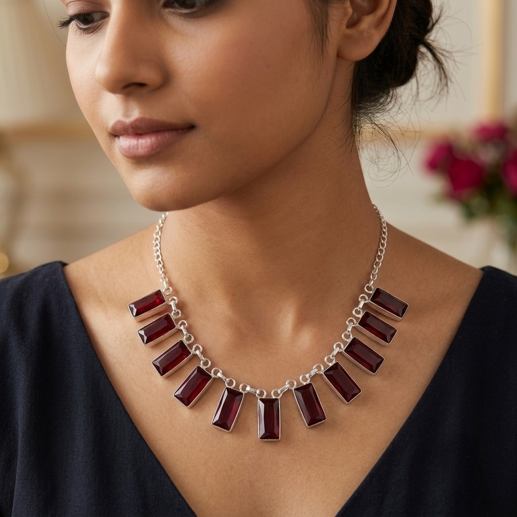 Red Garnet Gemstone Handmade 925 Sterling Silver Jewelry Necklace Size-17-18″