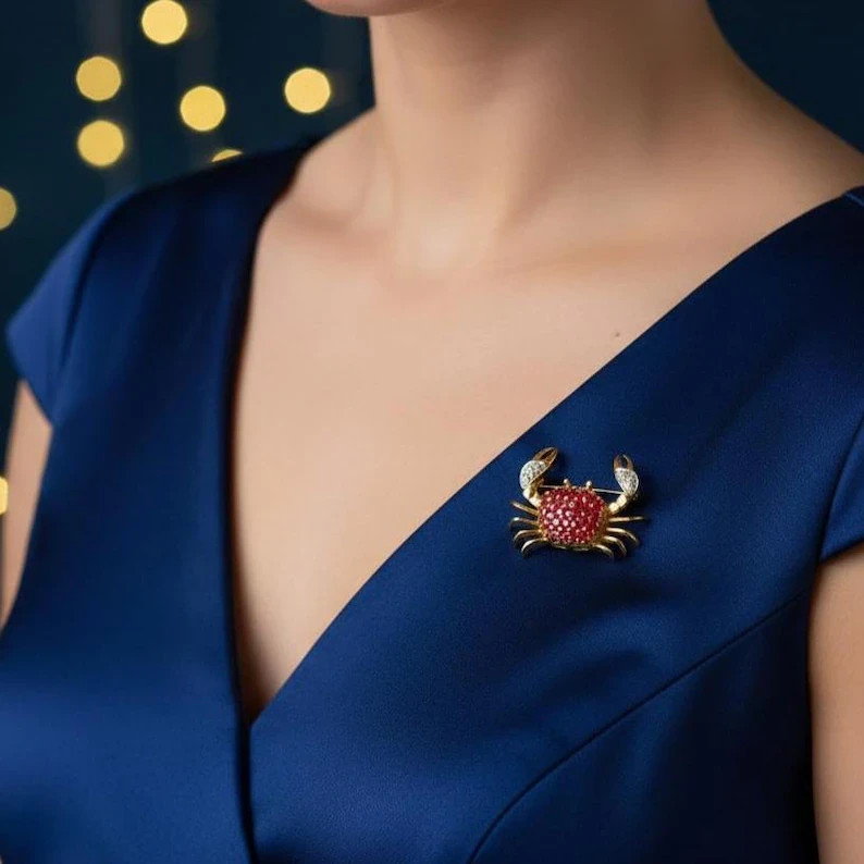 Ruby Crab Brooch Pin Red 2Ct Round Cut Real Moissanite 14k Yellow Gold Plated