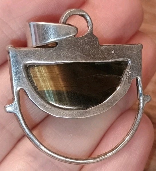 Tiger’s Eye Cabochon Sterling Silver 925 Half Moon Boho Ethnic Modernist Pendant