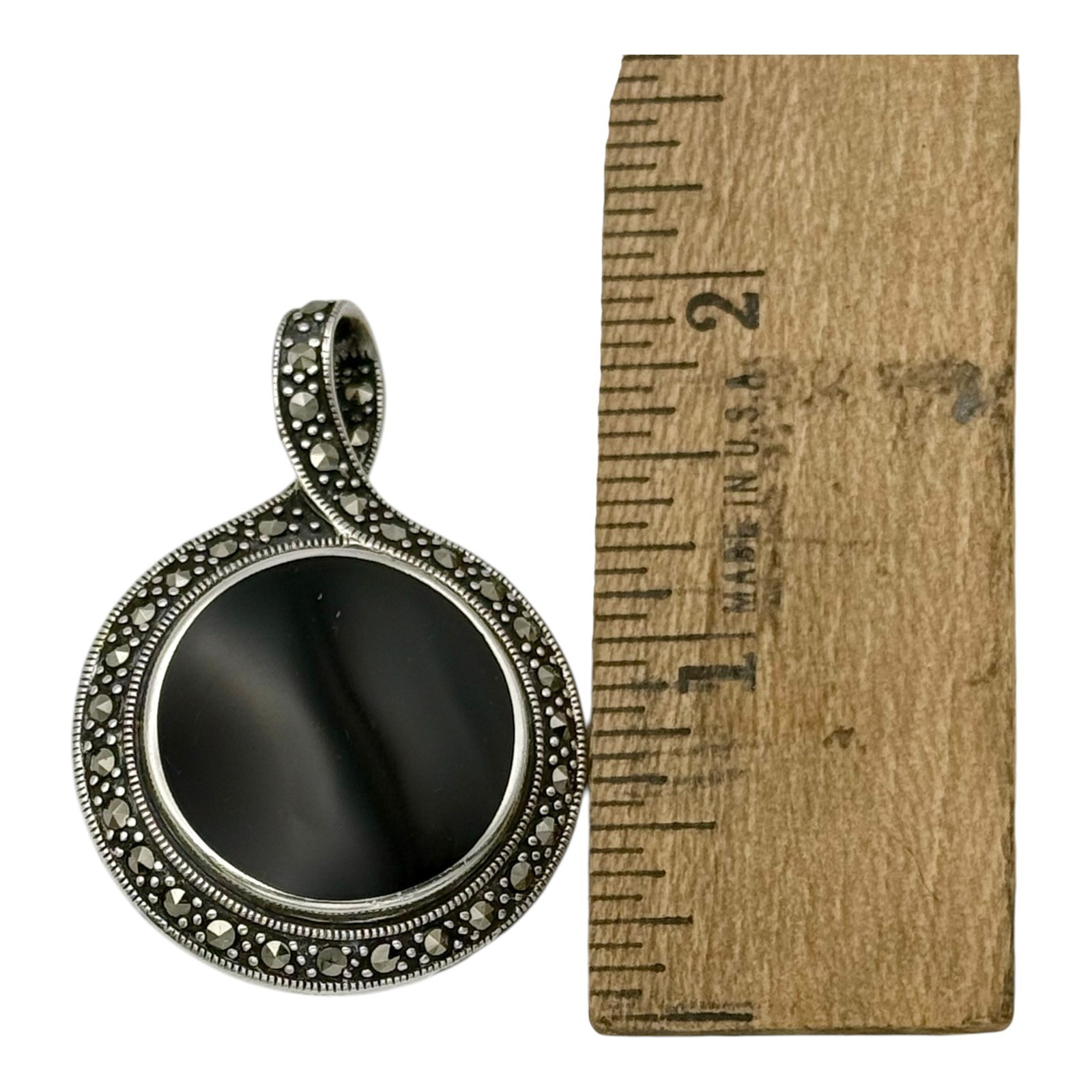 Judith Jack 925 Sterling Onyx Marcasite Reversible Pendant 2″ 21.1g Vintage