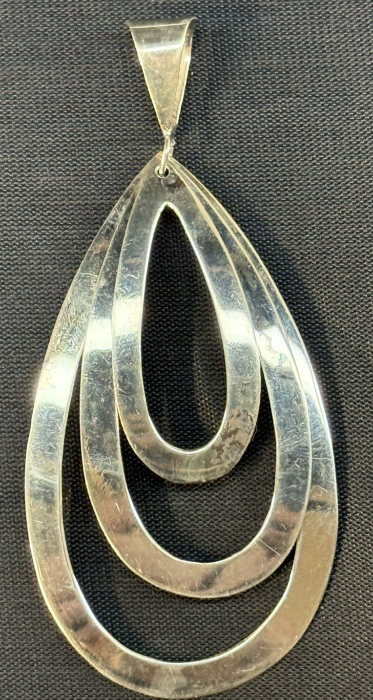 Sterling Silver Large Triple Teardrop Layered Dangle Modernist Pendant 3.75″