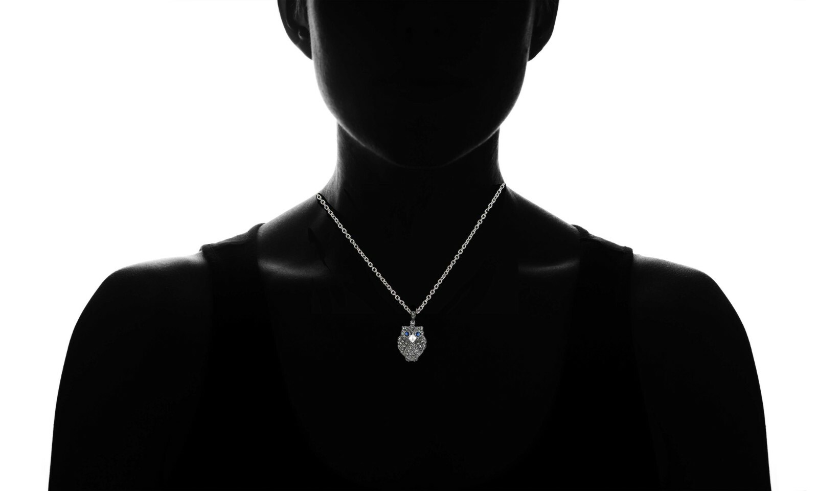 925 Sterling Silver Genuine Marcasite Black Owl Pendant Necklace – 18″