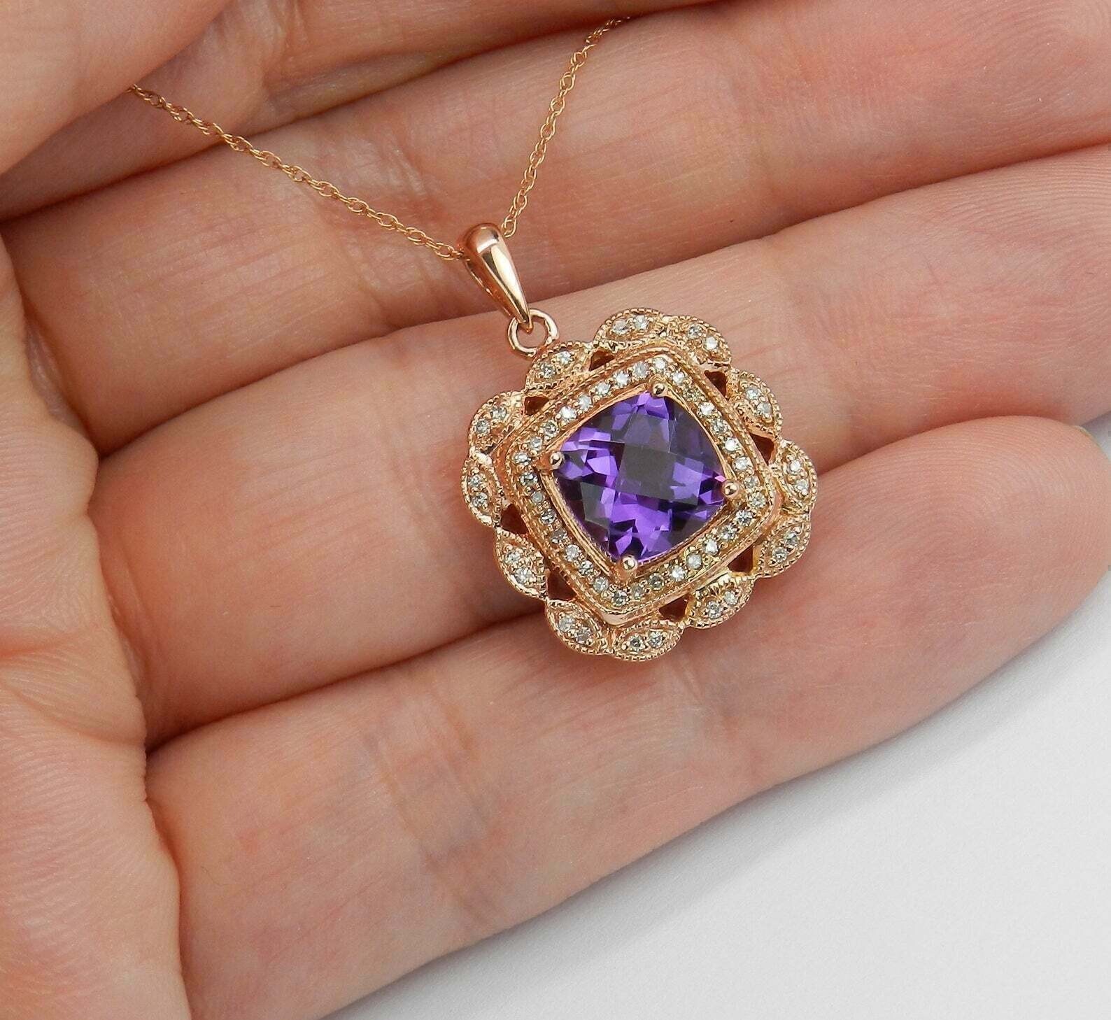 2.90 Ct Cushion Cut Amethyst & Diamond Women’s Halo Pendant 14K Rose Gold Finish