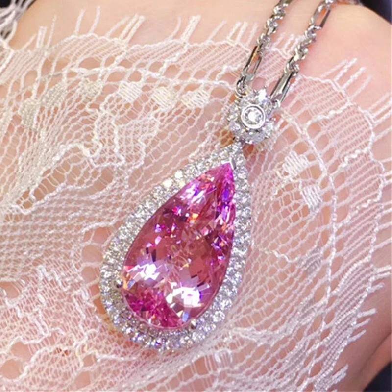 5.70Ct Pear Cut Natural Pink Sapphire & Diamond 14K White Gold Luxury Pendant