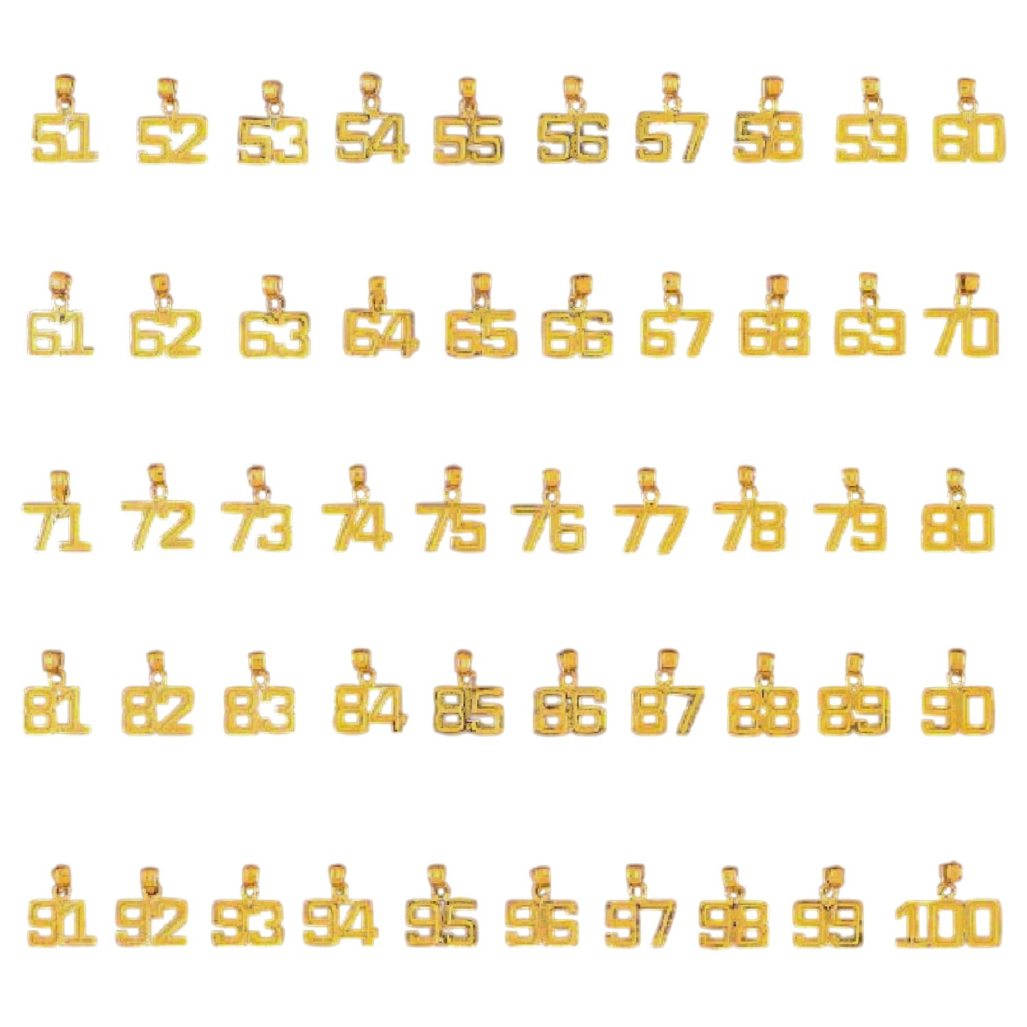 51 to 100 Any One 14K Yellow Gold Number Pendant / Charm, Made in USA