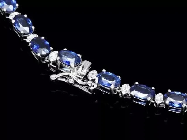 17CT Oval Cut Lab-Created 14K White Gold Finish Blue Sapphire Tennis Necklace