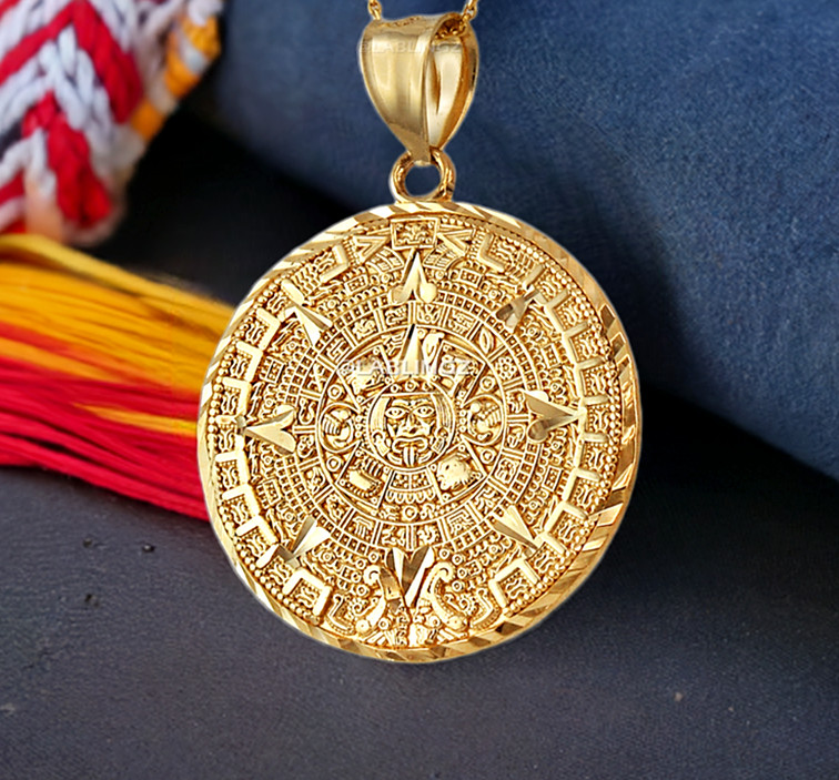 Gold Aztec Mayan Sun Calendar Pendant (S/M/L) 10k/14k, Yellow, White, Rose