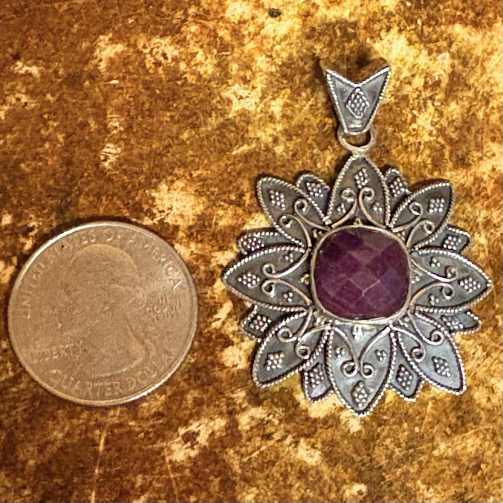 Sterling Silver and Ruby Pendant by SI Made in India Bali Style Vintage
