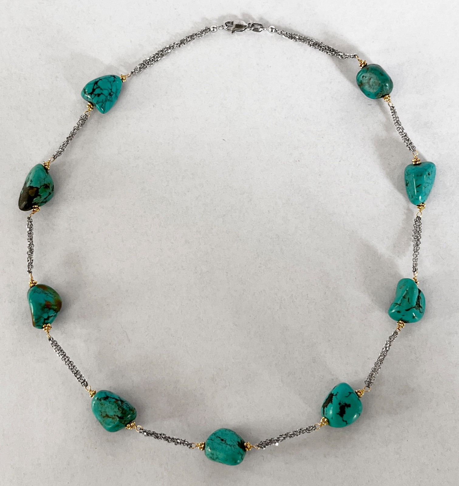 NOS AVN 14K White and Yellow 14K Gold 15-1/2″ Choker Necklace, Turquoise Nuggets