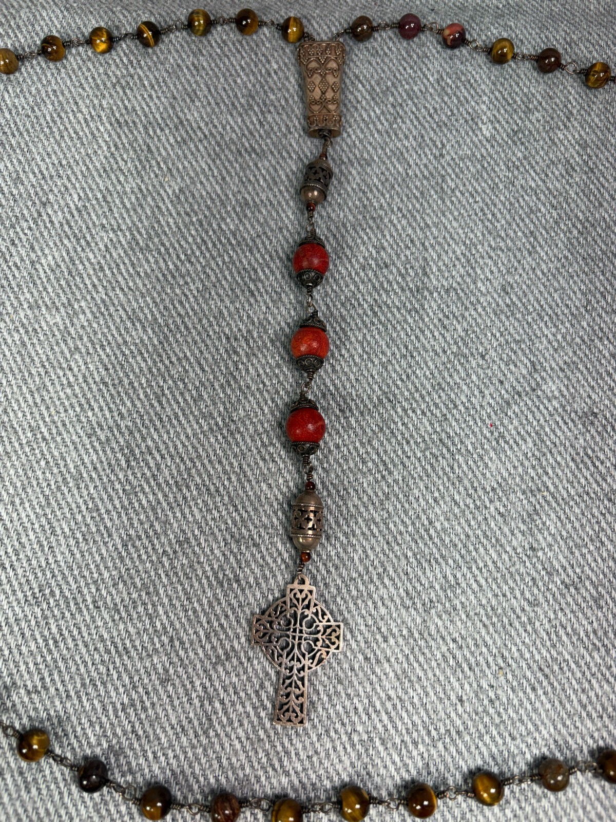 James Avery Retired Openwork Celtic Cross Tiger Eye Coral Bead Necklace 925