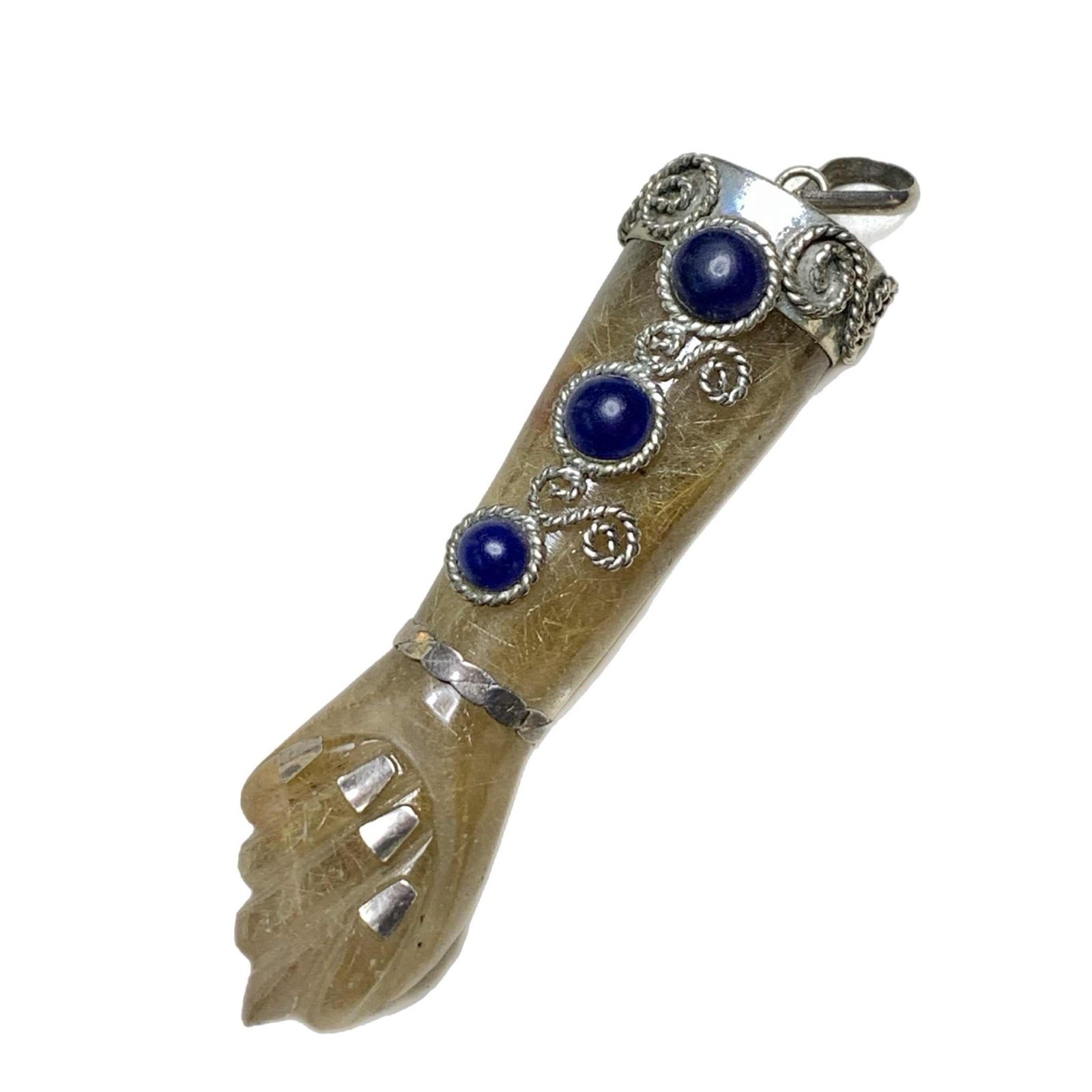 LUX Vintage Rutilated Quartz Figa Pendant, with Sterling + Lapis Lazuli, 2 3/4