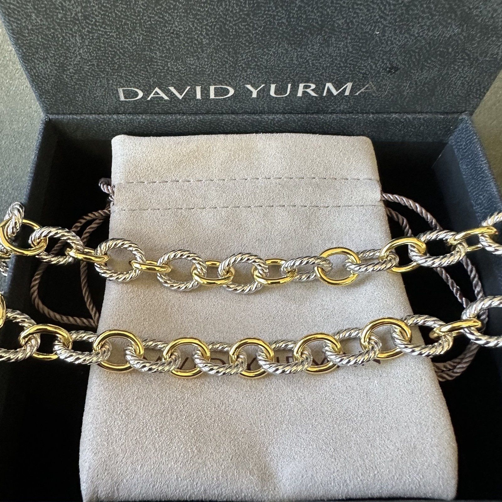 David Yurman Sterling Silver 18K Gold Two Tone Twisted Cable Oval Link Necklace