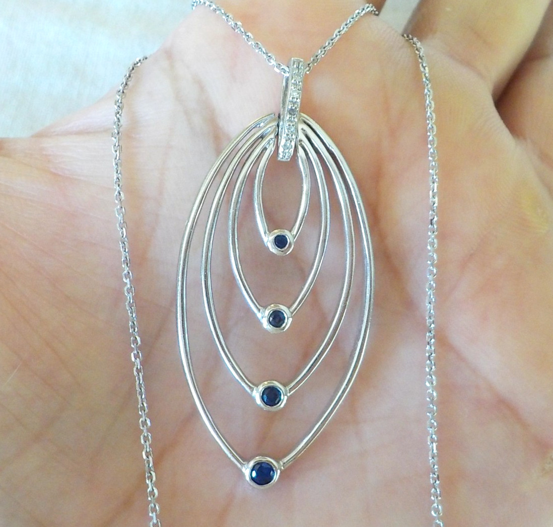 Modern 14K White Gold Blue Sapphire Diamond Necklace – 5.83 gms, 16 in, 0.20 ctw