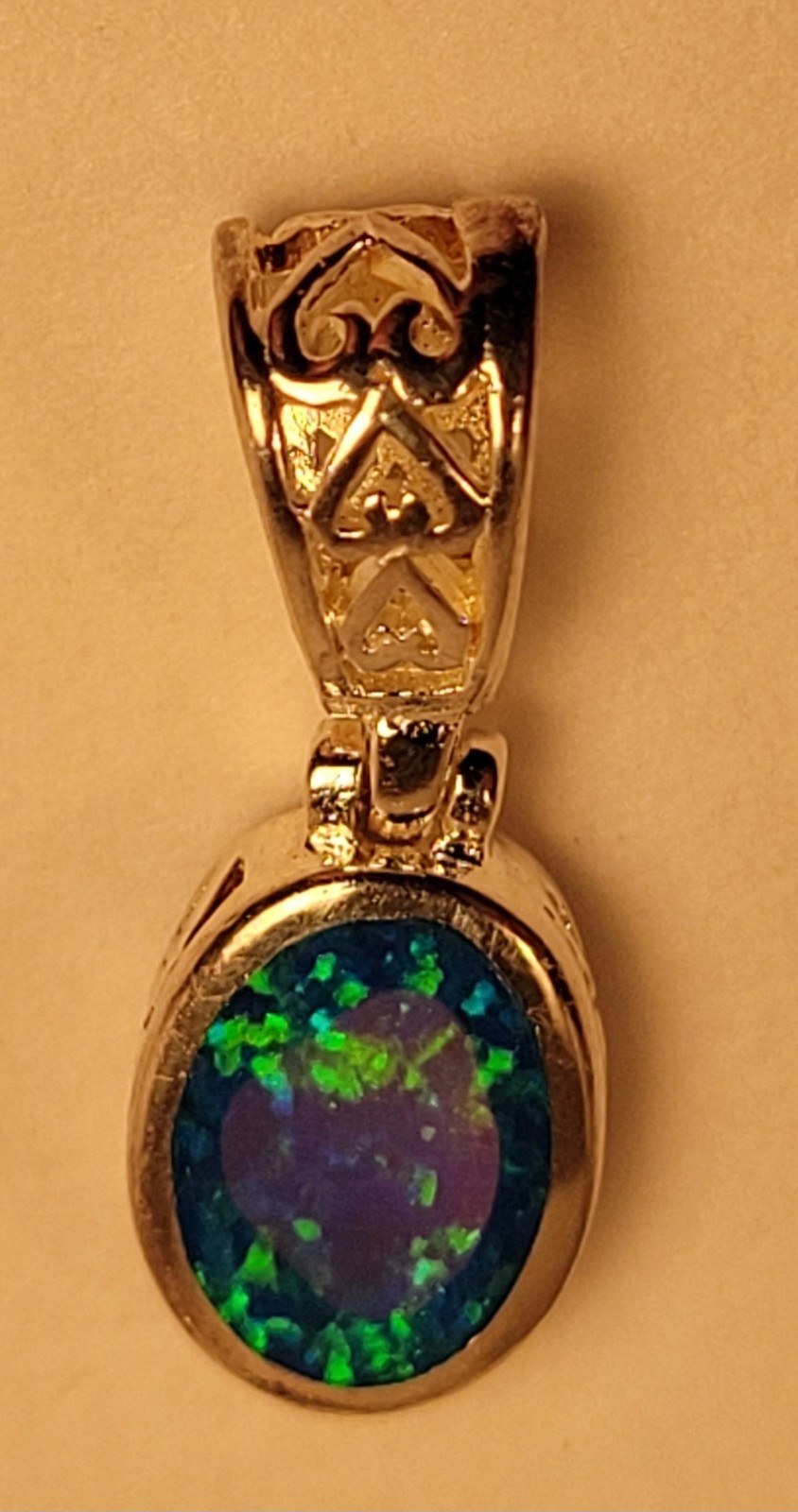 Sterling Silver 925 Filigree Pendant blue green oval charm beautiful hearts