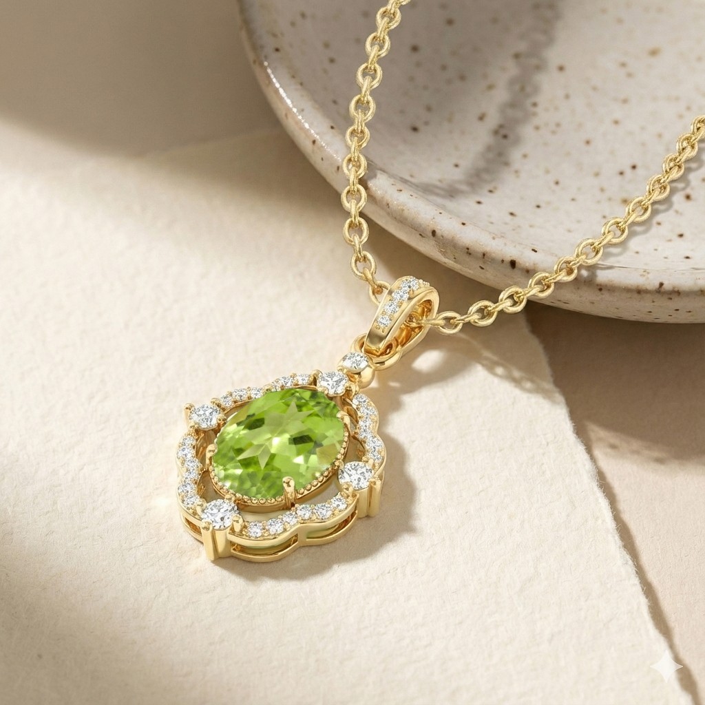 Peridot Necklace Gold Pendant, Green Peridot Halo Necklace, August Birthstone