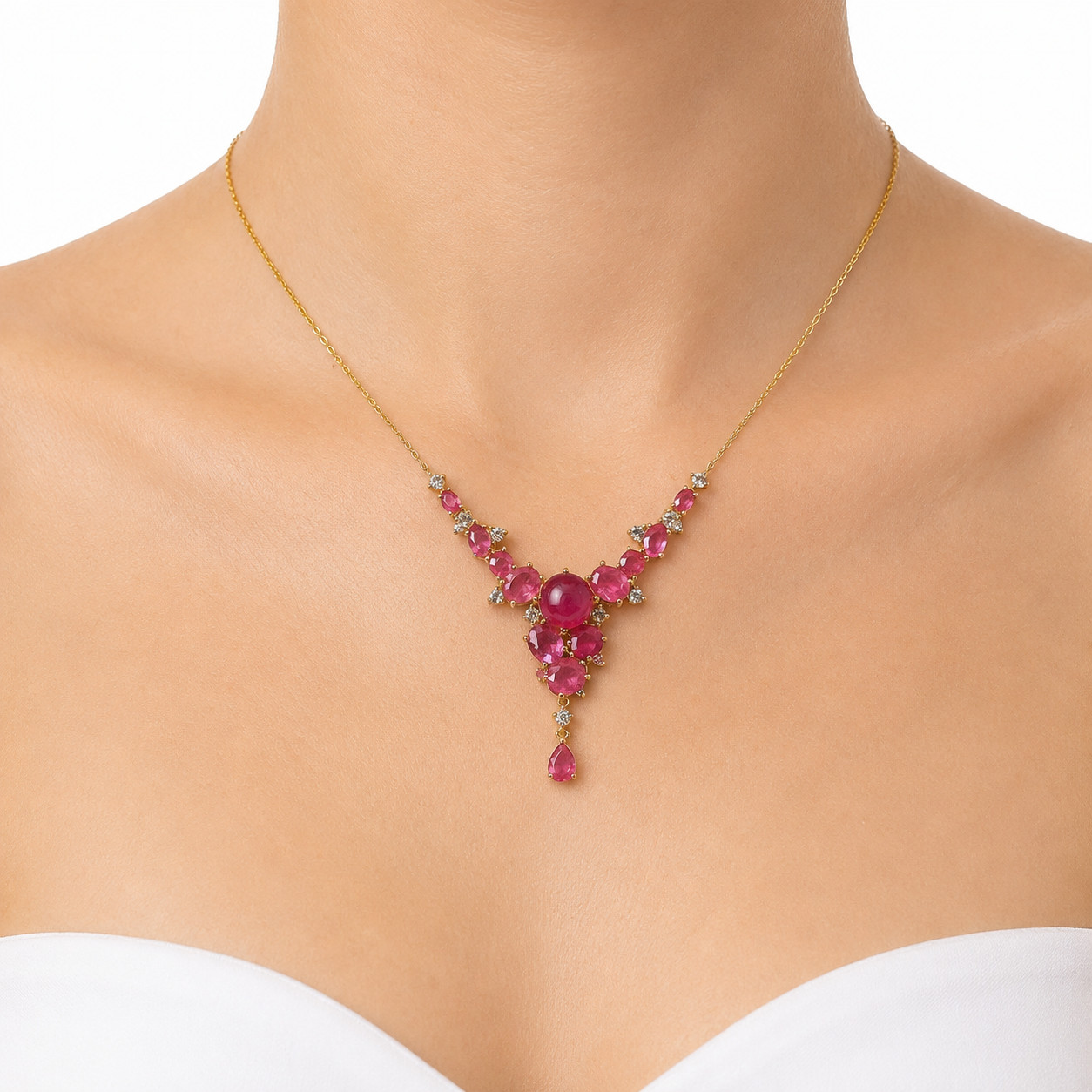 925 Sterling Silver 9 mm. Pink Ruby White Zircon Necklace 18.0 In.