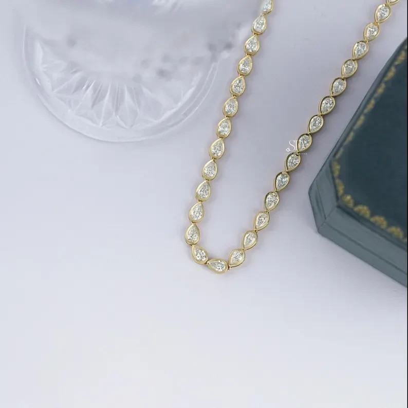 15.00 Ctw Pear Lab Created Diamond Bezel Tennis Necklace 14k Yellow Gold Plated