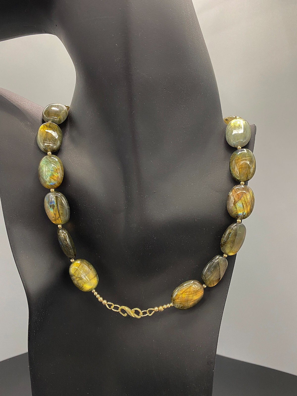 19″ Labradorite oval shape Beads Necklace with Gold Filled S hook clasp
