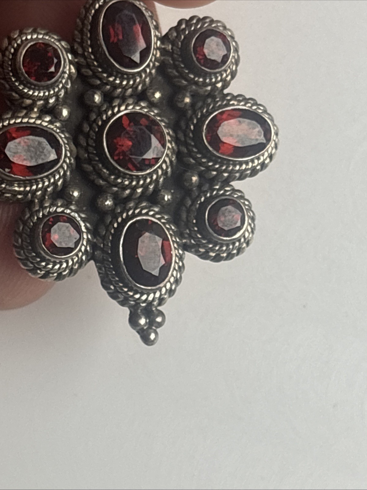 India Made Sterling Silver 925 Cluster Flower Garnet Stones Pendant 2″ Long